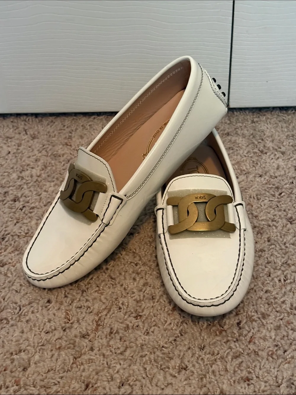 Tod's White Parent Leather Horsebit Boat Loafers Kate Gommino Heritage Designer